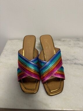 Seychelles Metallic Gold Slide Mules with Rainbow Straps